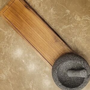 Stone Mortar and Pestle with Wooden Tray